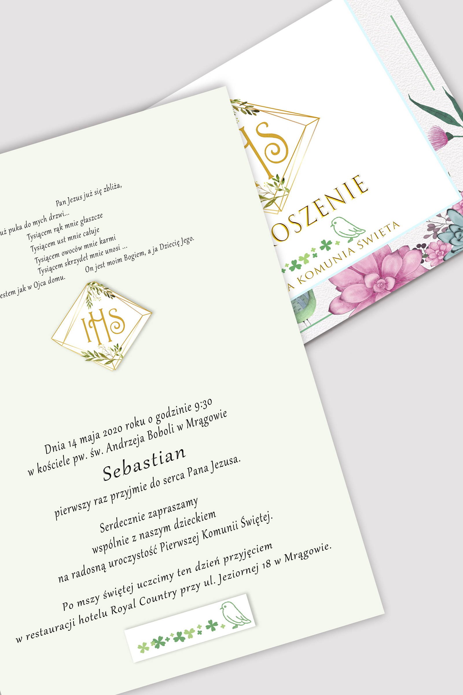 Personalized communion invitations from sets - Diamonds with eucalyptus - obraz 0