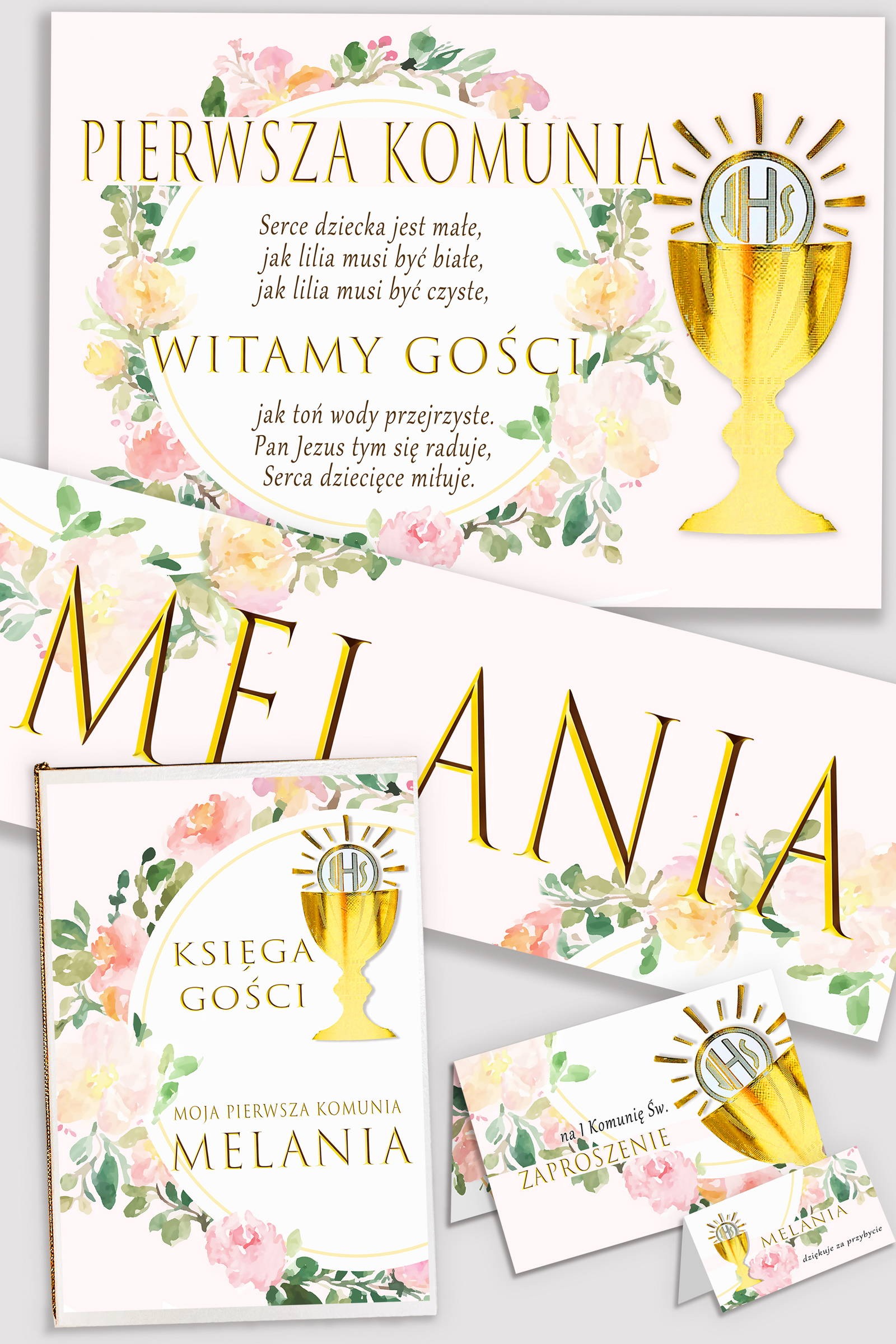 Personalized decorative communion set - Watercolor pink Personalized decorative communion set - Watercolor pink - obraz 0