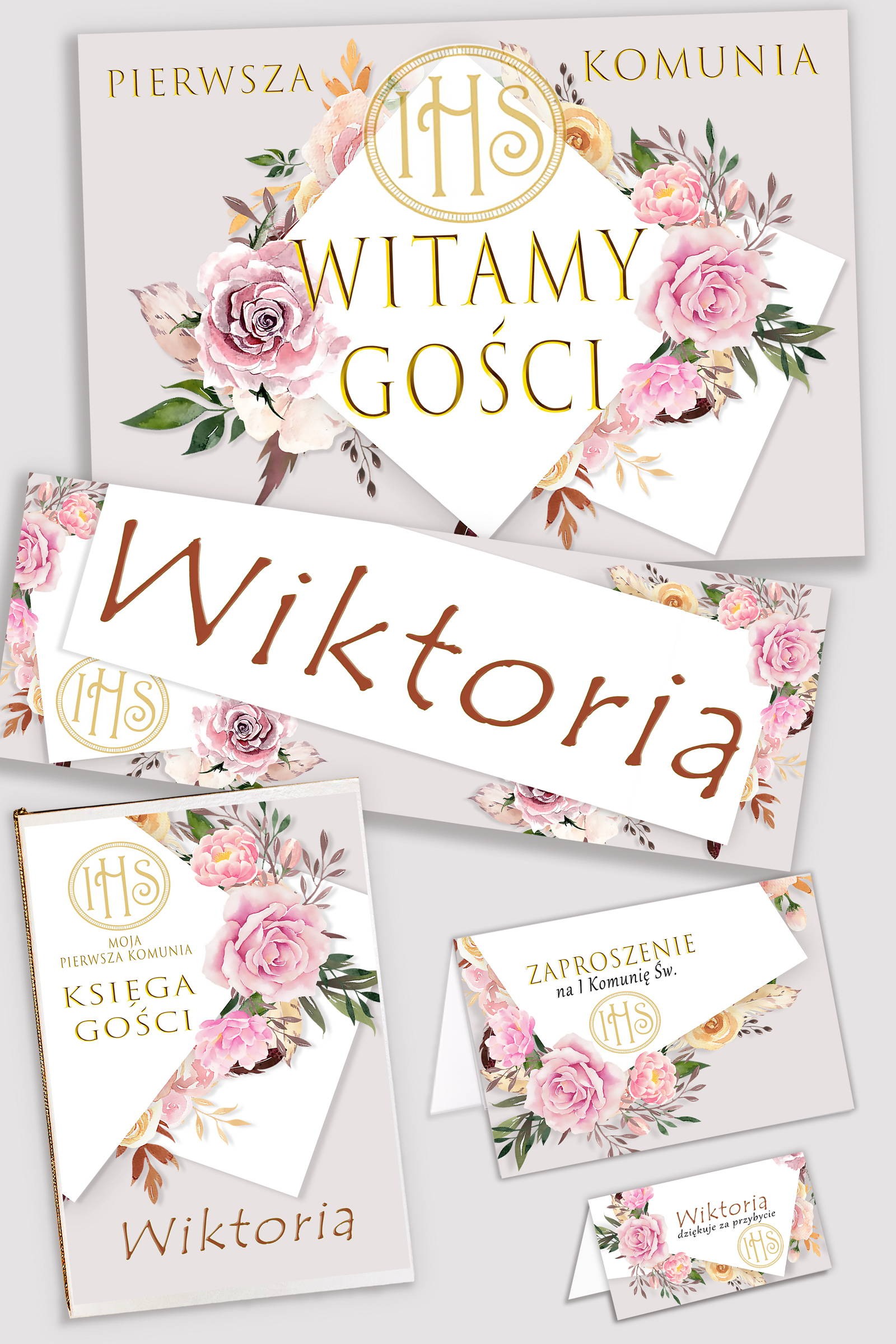 Personalized decorative communion set - Peony and rose - obraz 0