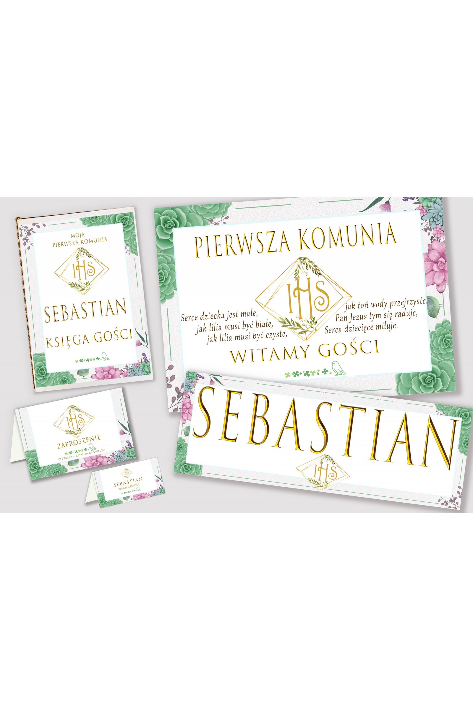 Personalized decorative communion set - Diamonds with eucalyptus Personalized decorative communion set - Diamonds with eucalyptus - obraz 1