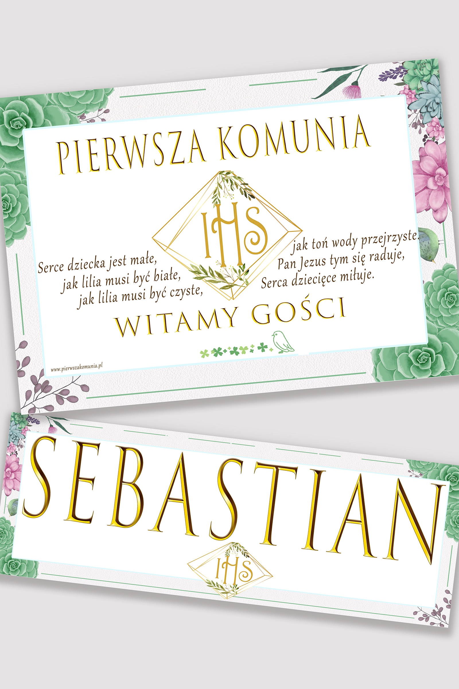 Personalized communion poster with name - Diamonds with eucalyptus - obraz 0