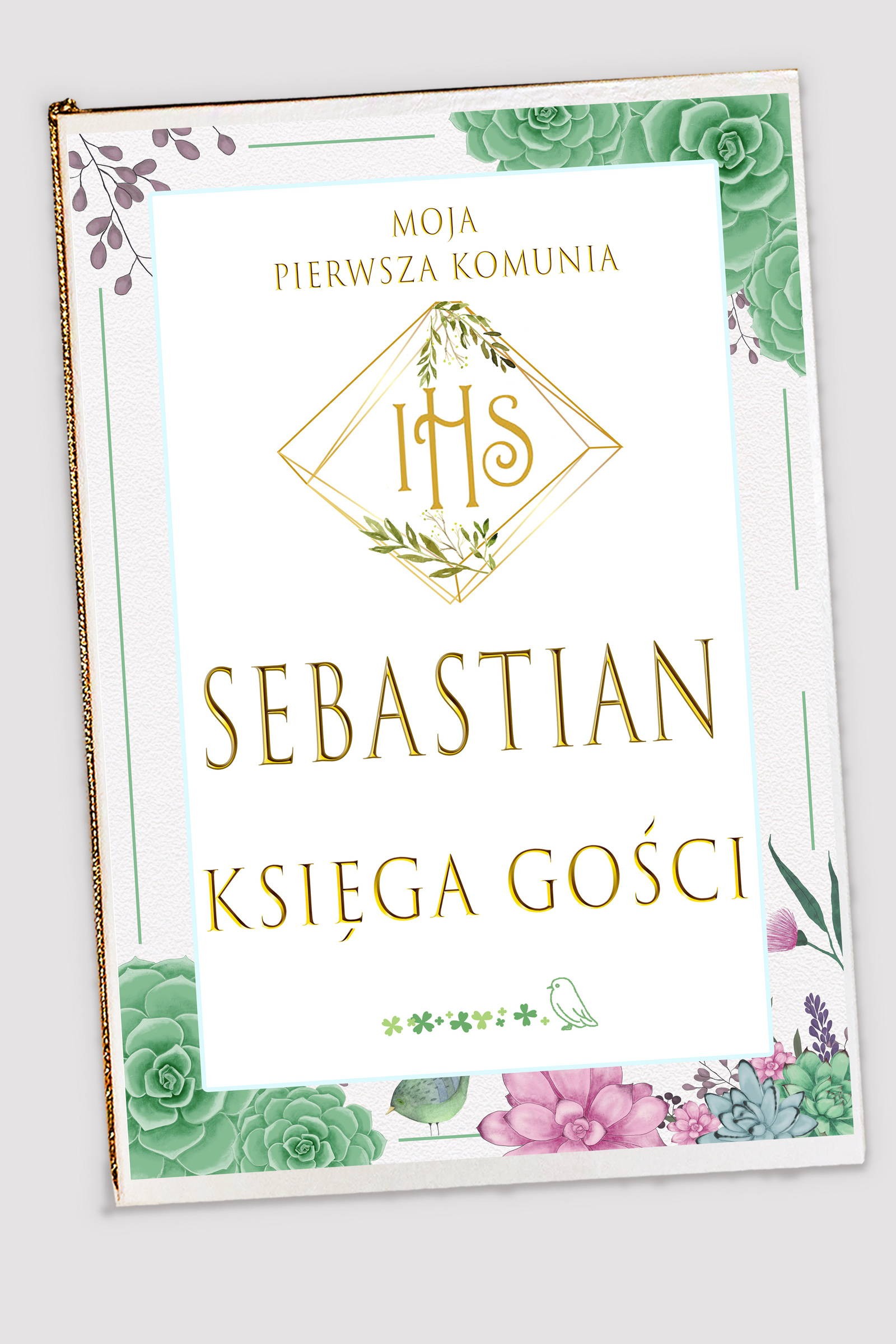 Personalized communion souvenir book - Diamonds with eucalyptus - obraz 0