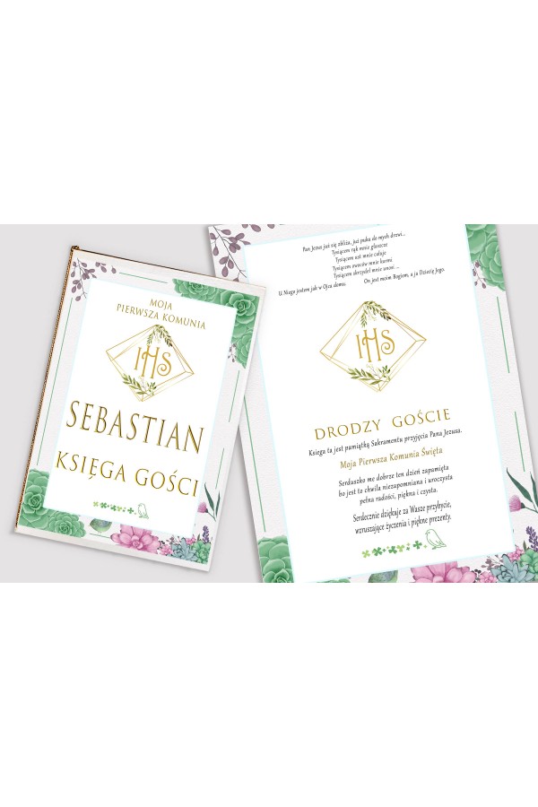 Personalized communion souvenir book - Diamonds with eucalyptus - obraz 1