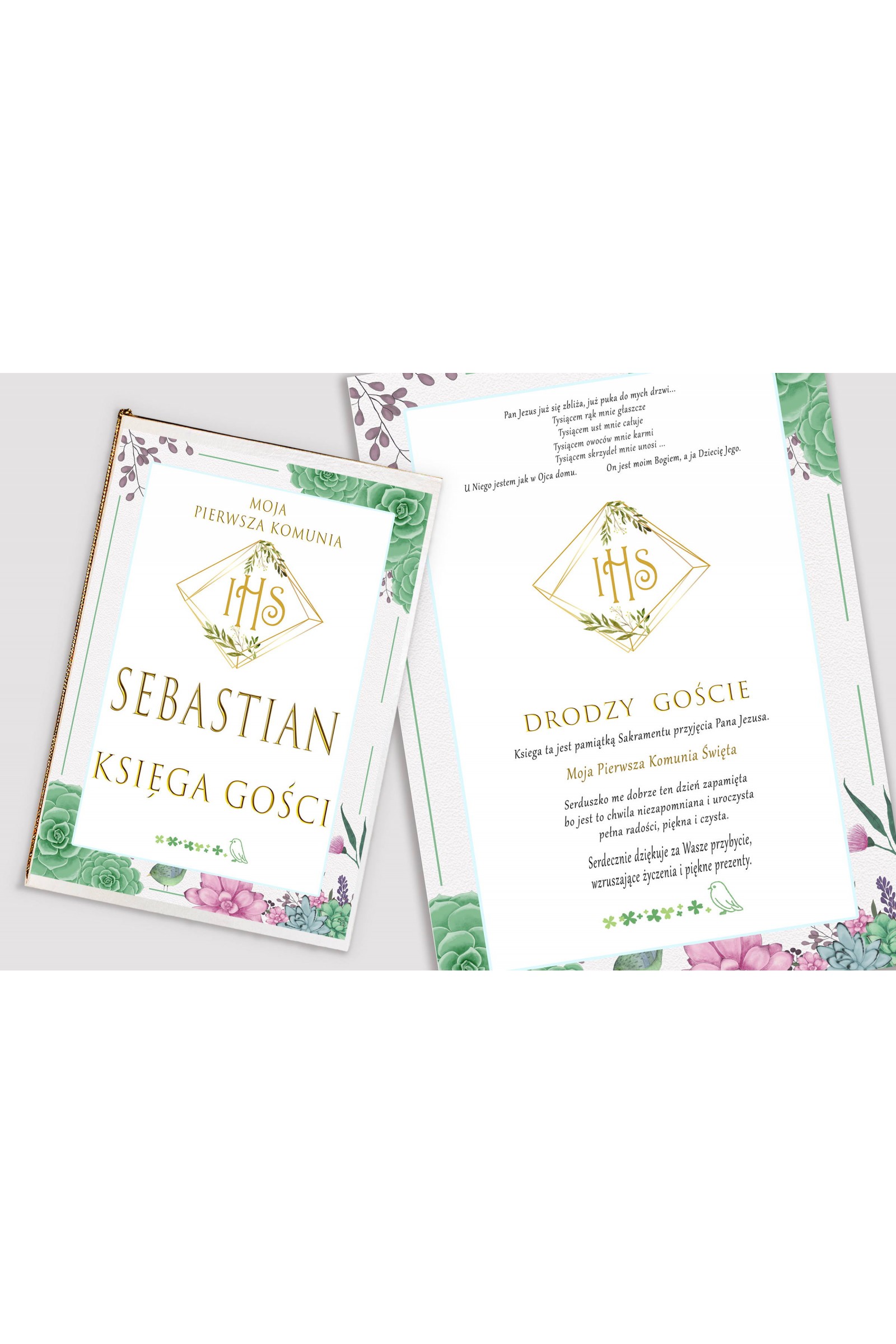 Personalized communion souvenir book - Diamonds with eucalyptus - obraz 1